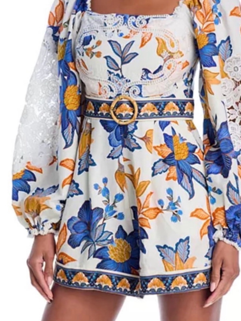 Floral Belted Mini Dress in Blue & Mustard